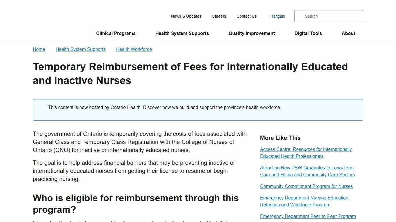 Temporary Reimbursement of Fees for Internationally Educated and Inactive Nurses Ontario Health