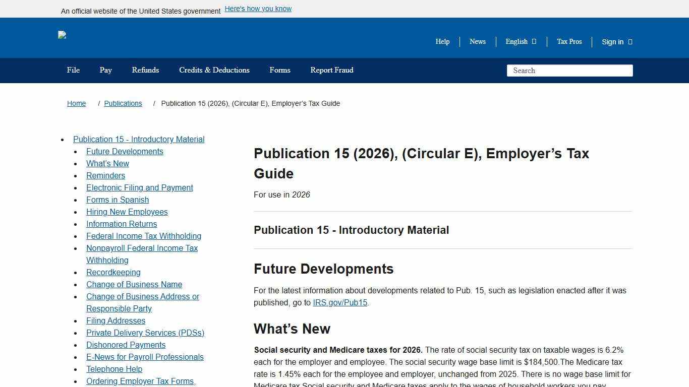 Publication 15 (2026), (Circular E), Employer’s Tax Guide Internal Revenue Service